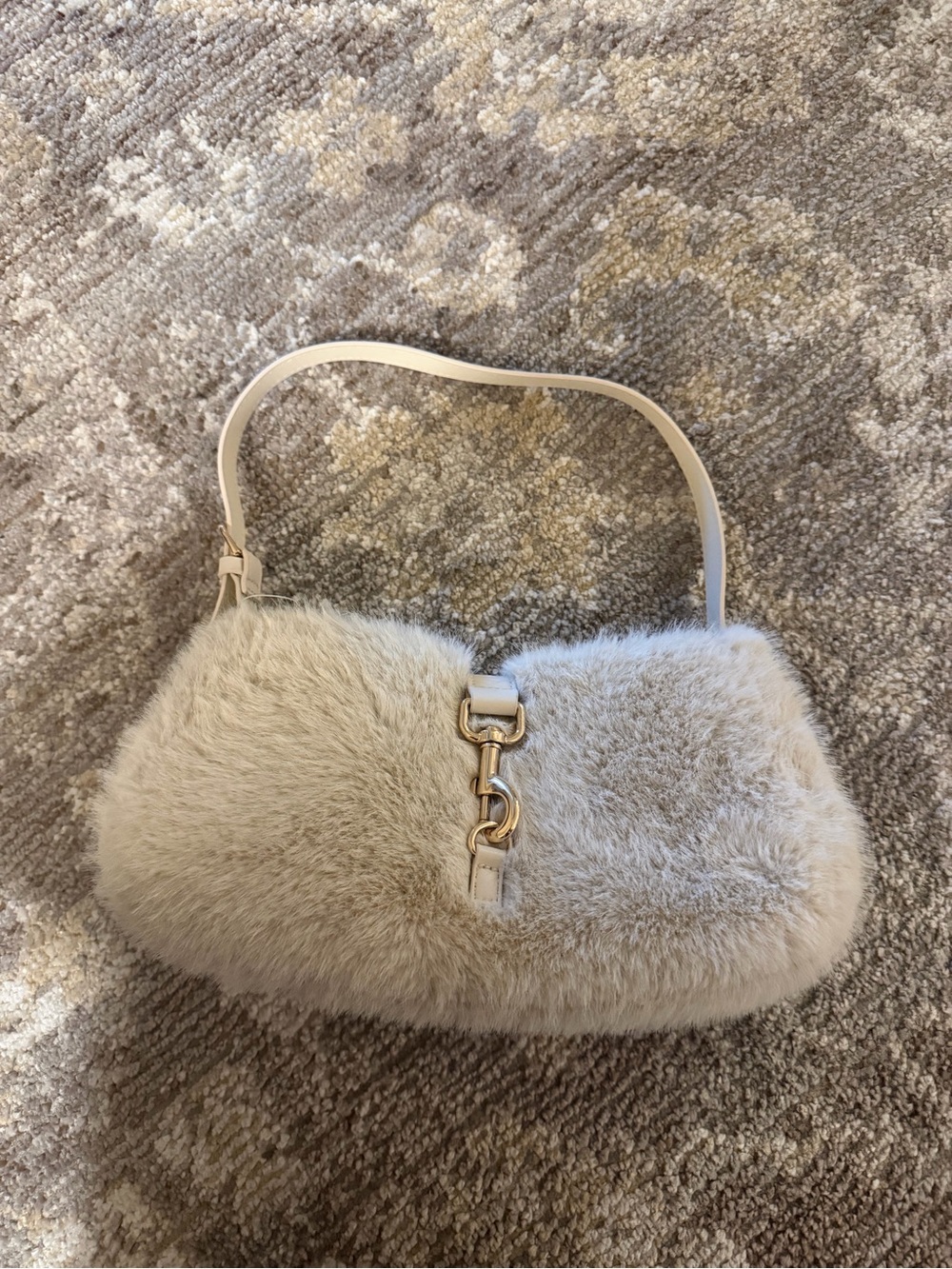 H&M Cream Faux Fur Shoulder Bag with Gold Hardware